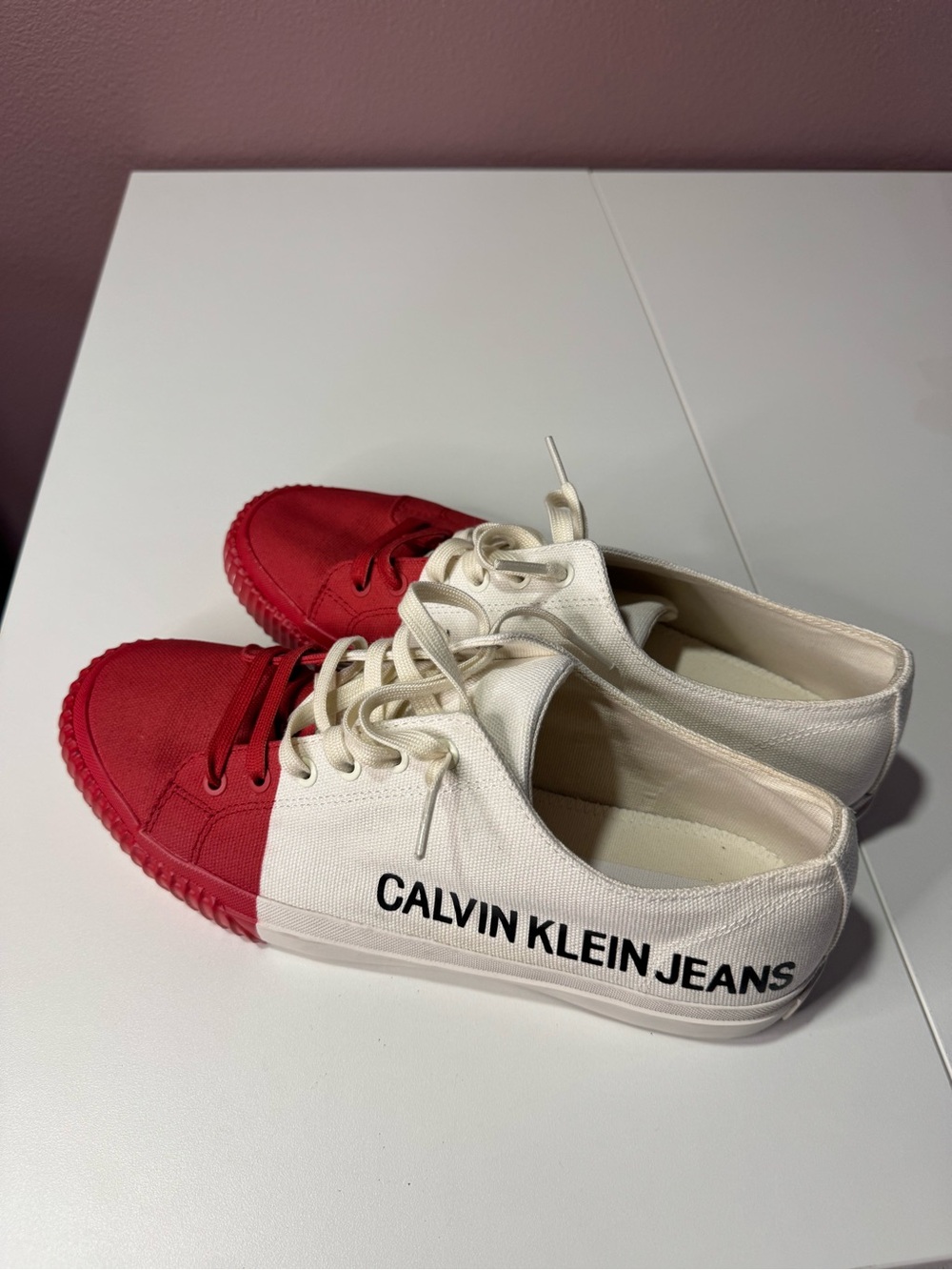 Calvin Klein Jeans Red and Cream Canvas Slip-On Sneakers